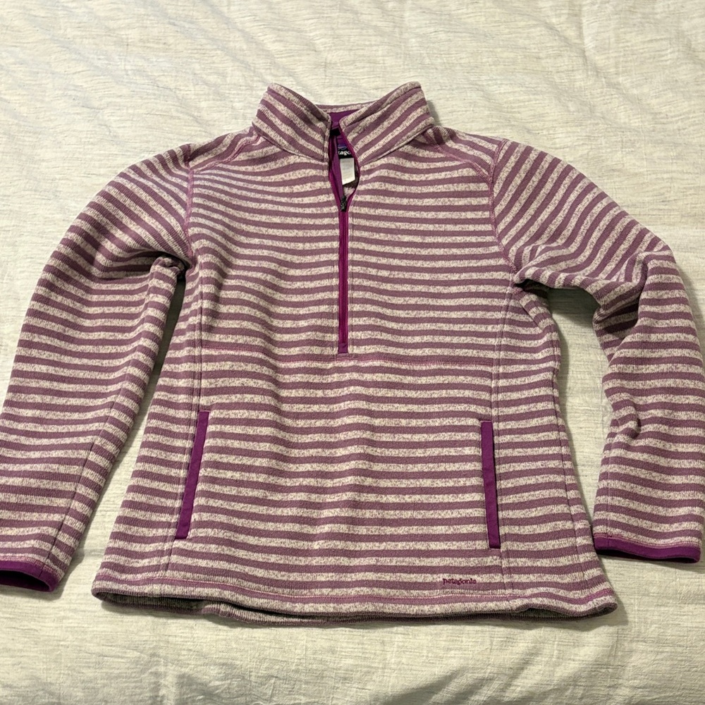 Patagonia Women's Striped Quarter Zip Sweater - Purple and Cream